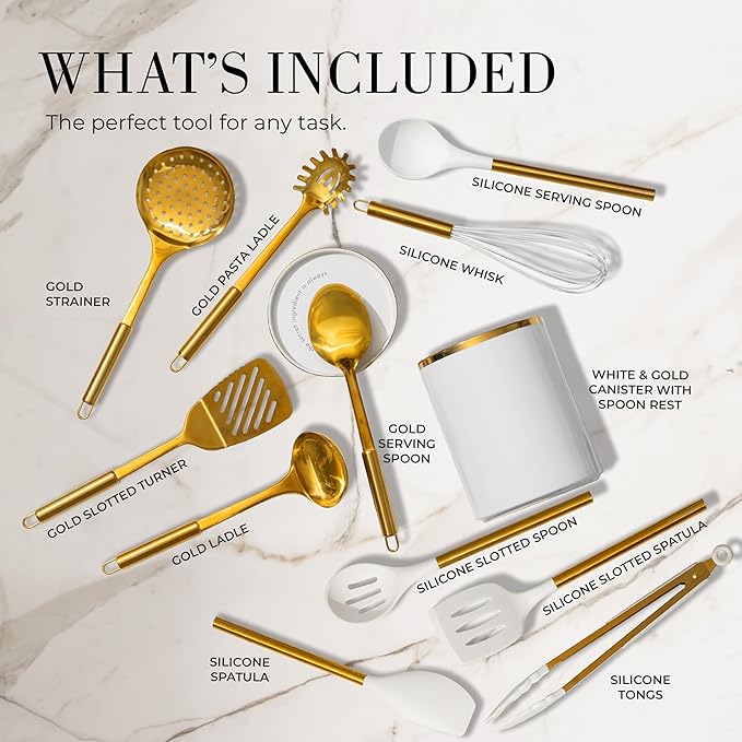 STYLED SETTINGS White and Gold Cooking Utensils Set, 13-Piece | Kitchen Set with White Ceramic Utensil Holder and Stackable Gold Spoon Rest - Luxury Kitchen Accessories for Stylish Cooking - Image 2