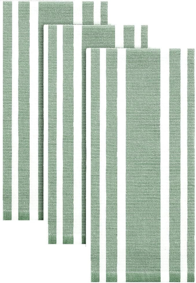 Homaxy Premium Cotton Stripe Kitchen Towels 3 Pack, 18"x 28", Grass Green | Large 380 GSM Kitchen Hand Towels, Soft Terry Dish Towels, Highly Absorbent Tea Towel Set with Hanging Loop by Homaxy
