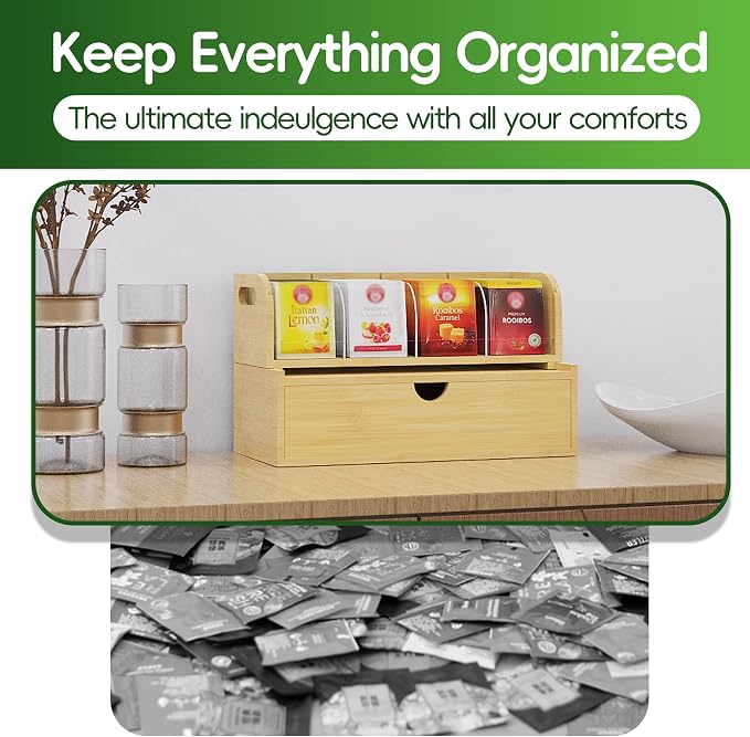 Bamboo Tea Organizer – Stackable Collection (1Tier w/Drawer） - Image 6