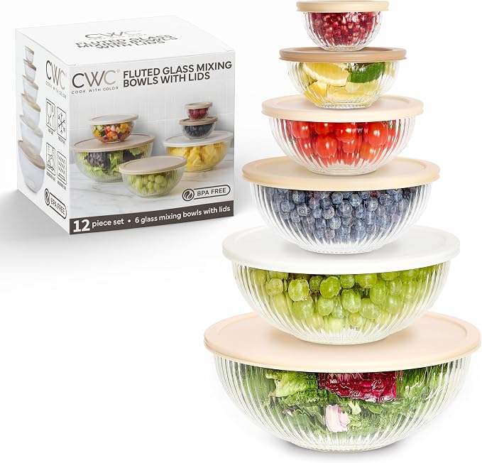 COOK WITH COLOR 12 Pc Glass Mixing Bowl Set with Lids – Borosilicate Glass Nesting Bowls for Cooking, Baking and Meal Prep, Fluted Brown by CookwithColor