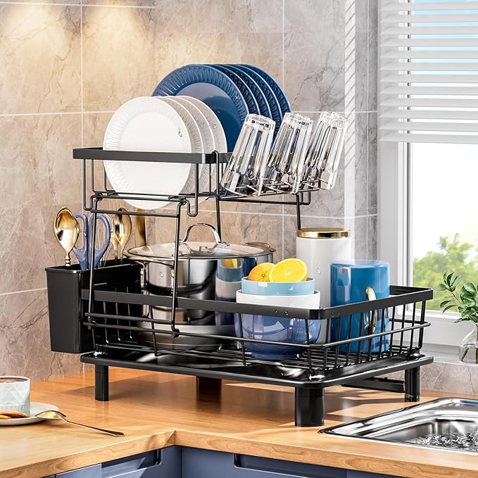 Dish Drying Rack, Stainless Steel-Dish Rack, Double Layer, | Dish Racks for Kitchen Counter, Kitchen Dish Drainers with Removable Utensil Holder,New Drain Outlet, (Black 3) by GAOKASE