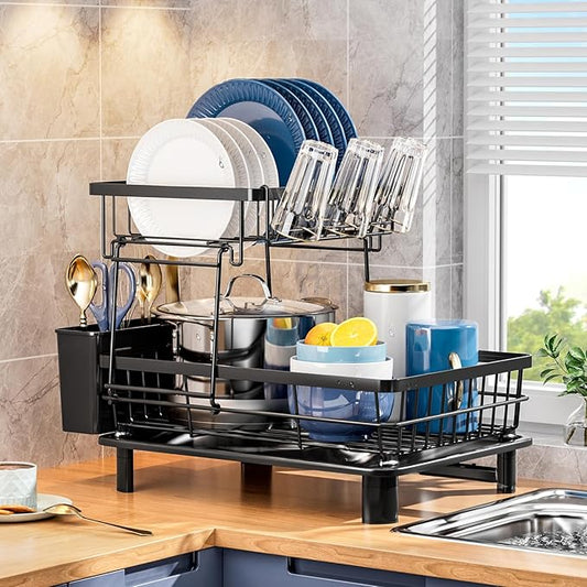 Dish Drying Rack, Stainless Steel-Dish Rack, Double Layer, | Dish Racks for Kitchen Counter, Kitchen Dish Drainers with Removable Utensil Holder,New Drain Outlet, (Black 3) by GAOKASE