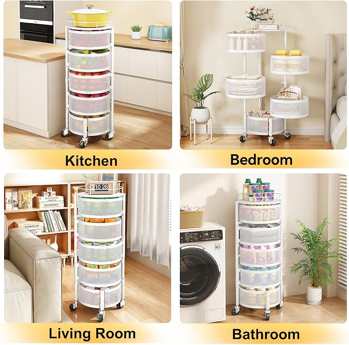 SNTD Fruit and Vegetable Basket Bowls for Kitchen with Metal Top Lid, 5 Tier Rotating Storage Rack Cart for Potato Onion Banana, Wire Basket Organizer on Wheels, Large (White) - Image 7