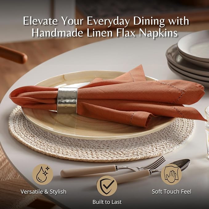 Ramanta Home Rust Cloth Dinner Napkin Set of 24-18x18 Inch | Cotton Linen Flax Hemstitched Napkins Washable for Everyday Use - Image 2