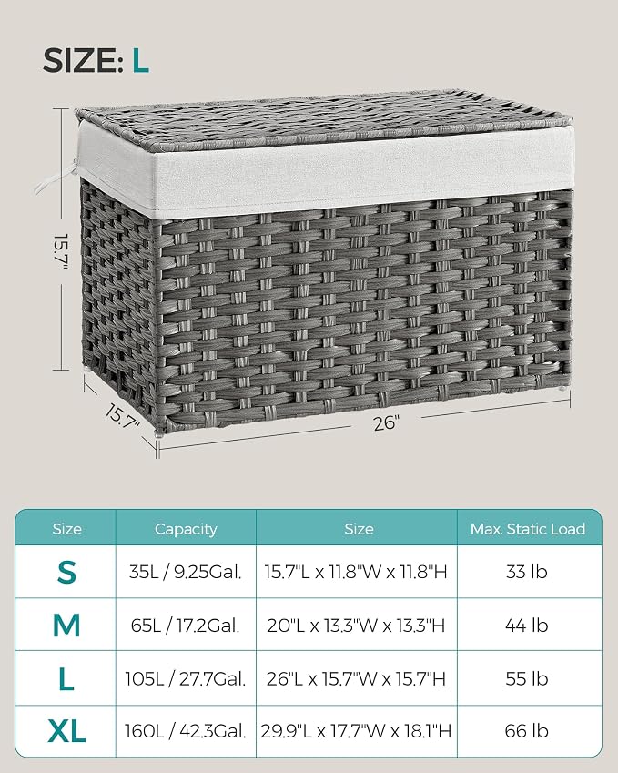 SONGMICS Storage Basket with Lid, Woven Blanket Storage Bin with Handles, Foldable, Removable Liner, Metal Frame, for Bedroom, Laundry Room, 27.7 Gallons (105 L), Gray URST066G01 - Image 7