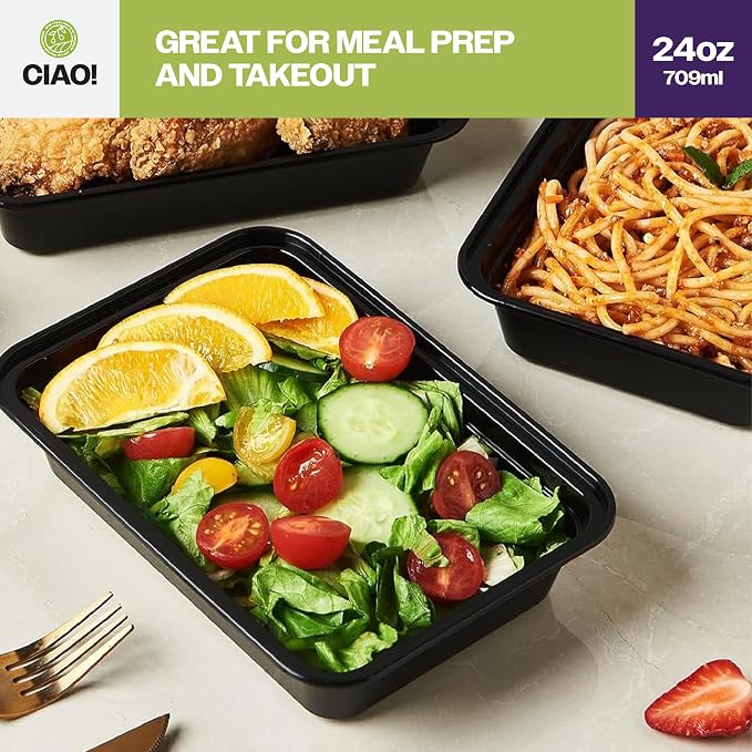 CIAO! Heavy Weight 24oz Injection Molded Microwavable Black Rectangular Food Container With Lid (150/case) - Image 7