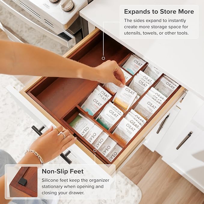 Tea Bag & Coffee Pod Organizer, 9.7-17 in, Acacia | 10 storage compartments, adjustable wall inserts, non-slip feet, food-safe - Image 6