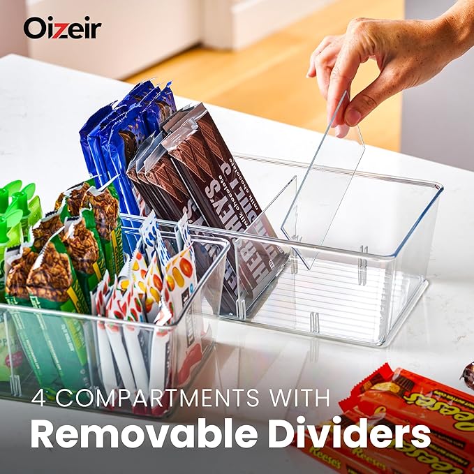 Oizeir Clear Pantry Organizer Bins 8-Pack - Fridge Organizer with 3 Removable Dividers, Ideal for Kitchen, Pantry, Refrigerator, Freezer, and Snack Storage - Image 3