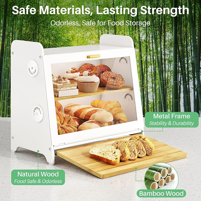 SNTD Airtight Bread Box for Kitchen Countertop, Bamboo Cutting Board, White | Adjustable Vent Hole, Sorted Storage, Natural Wood, Magnetic See-through Door, Metal Frame, Homemade Bread Storage Container - Image 7