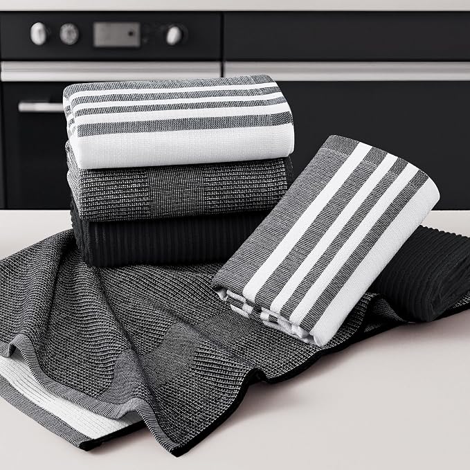 Homaxy Cotton 380 GSM Premium Kitchen Towels, 18"x 28", 9 Pack, Black | Soft and Absorbent Terry Dish Towels, Multipurpose Tea Towel Set with Hanging Loop, 3 Styles Kitchen Hand Towels - Image 5