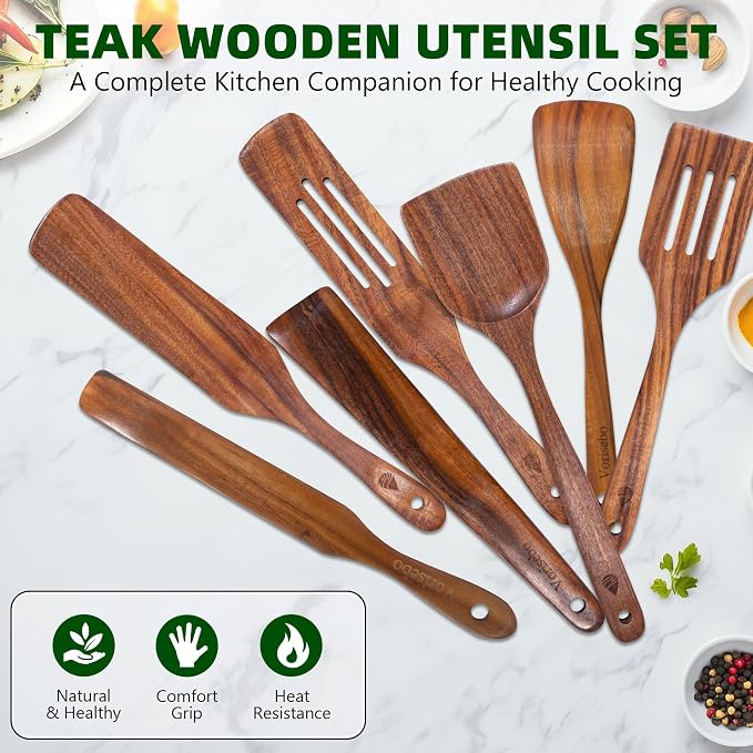 7 Pcs Teak Wooden Utensil Set, Wooden Spoons for Cooking | Non-Toxic & Nonstick Safe Kitchen Utensil, Durable Comfort Grip， Heat Resistant Wood Spatula Set - Image 6