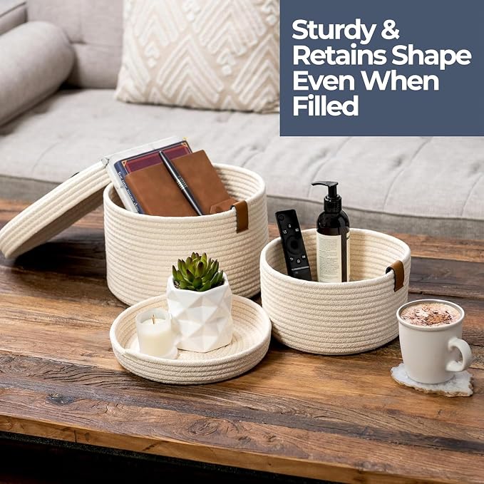 DENJA & CO Set of 2 Decorative Storage Baskets with Lids - Round Woven Baskets for Home Decor and Organizing - Small Shelf Baskets with Leather Tabs and Handles - Decorative Storage and Organizer Bins - Image 5