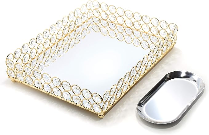 Decorative Tray Metal Mirrored Vanity Trays Crystal Ornate Perfume Jewelry Makeup Dish Dresser Countertop Organizer for Home Decoration & Holiday Party (Rectangle, 12x9in, Gold) by Lindlemann