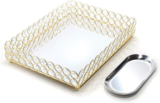 Decorative Tray Metal Mirrored Vanity Trays Crystal Ornate Perfume Jewelry Makeup Dish Dresser Countertop Organizer for Home Decoration & Holiday Party (Rectangle, 12x9in, Gold) by Lindlemann