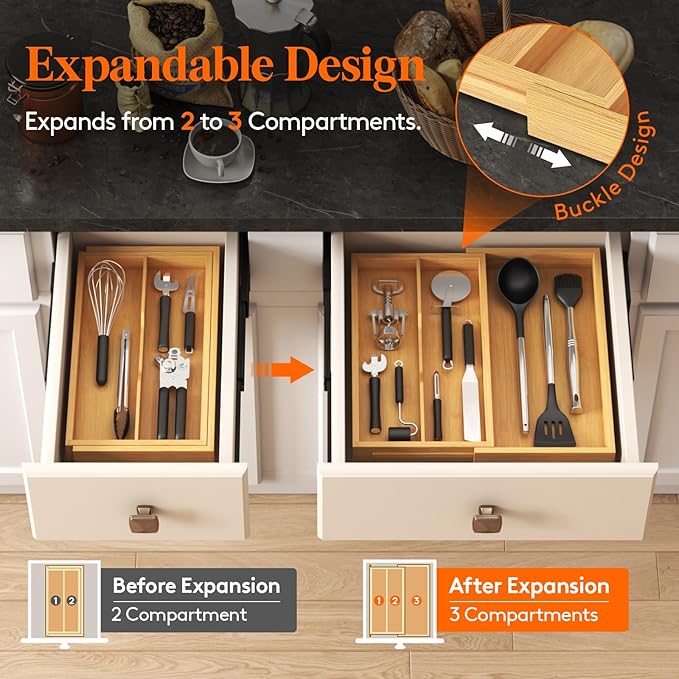 Lifewit Utensil Organizer for Kitchen Drawer, Expandable Cooking Utensil Tray, Cutlery Silverware Flatware Holder, Wood Adjustable Spatula Tools Storage Divider, 8.9-15.8 x 15.75, Natural - Image 5