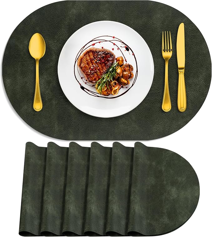 ADRIMER Placemats, Heat Resistant Oval Placemats Set of 6 Washable 12 x 17 Inch, Waterproof Table Mats, Wipeable Pu Place Mats for Kitchen, Dining Room, Olive Green by Adrimersdreamistobeanindispensablecompanioninyourlife