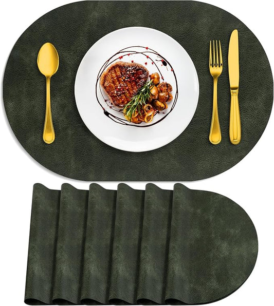 ADRIMER Placemats, Heat Resistant Oval Placemats Set of 6 Washable 12 x 17 Inch, Waterproof Table Mats, Wipeable Pu Place Mats for Kitchen, Dining Room, Olive Green by Adrimersdreamistobeanindispensablecompanioninyourlife