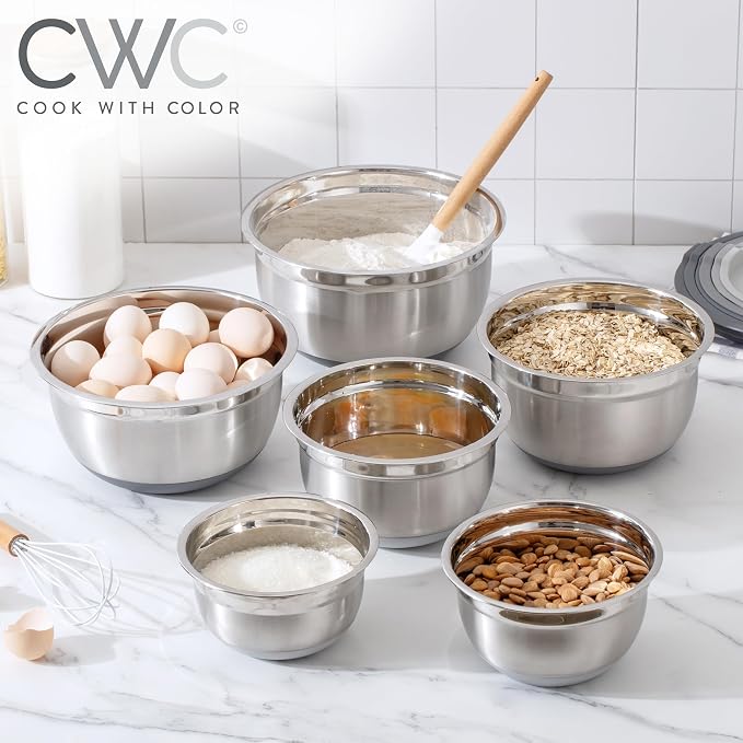 COOK WITH COLOR Stainless Steel Mixing Bowls Set with Lids - Nesting Bowls with Non-Slip Bottom, Grey, 12 Pieces - Image 6