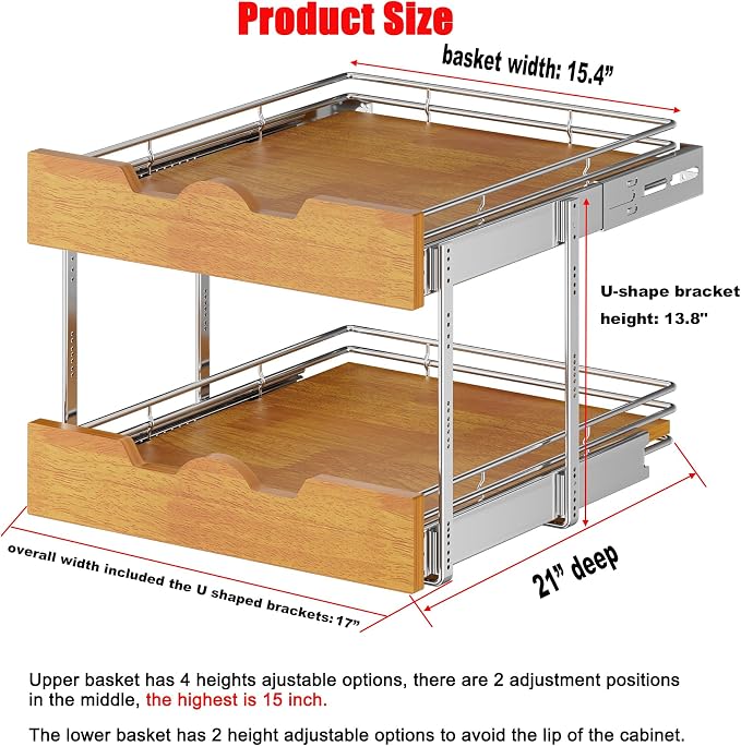 DINDON 2 Tier Pull Out Cabinet Organizer (17" W x 21" D) Slide Out Wood Shelf Double Tier Kitchen Wire Basket With Chrome Finish… - Image 4
