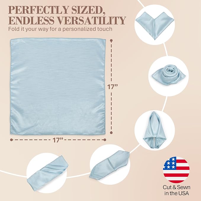 17x17-Inch Shantung Cloth Napkins, Ice Blue, Set of 12 | Bulk Case of 1 Dozen, Satin, Square, 100% Polyester Fabric, Reversible, Faux Dupioni Silk Reverse Side, Machine Washable - Image 6