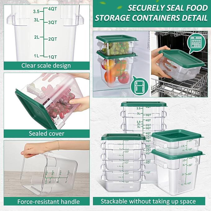 Yungyan 16 Pcs Restaurant Food Storage Containers with Lids Set 2Qt and 4Qt Commercial Restaurant Square Storage Containers Clear Food Cereal Container for Kitchen Freezer (Green Lids) - Image 3