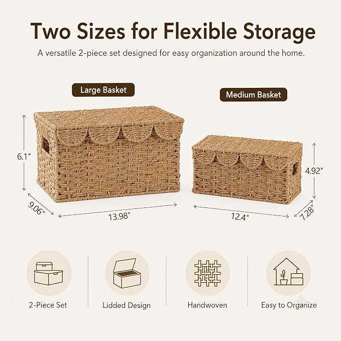 Set of 2 Scalloped Wicker Baskets with Lid,Paper Rope Decorative Storage Baskets for Shelves, Display Shelf, Handmade Cute Woven Basket for Nursery,Living Room Decor - Image 4