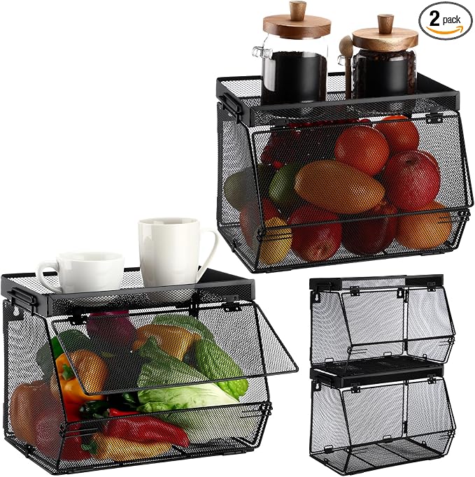 Teenyyou 2 Pcs Stackable Mesh Fruit Basket with Lid Wall Produce Vegetable Storage Basket Onion Potato Hanging Metal Wire Container for Kitchen Counter Pantry(Removable,Black,7.1" w & 11.8" l) by Teenyyou