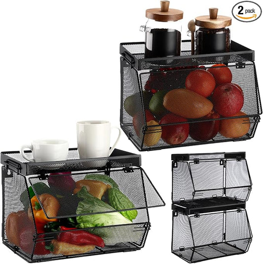 Teenyyou 2 Pcs Stackable Mesh Fruit Basket with Lid Wall Produce Vegetable Storage Basket Onion Potato Hanging Metal Wire Container for Kitchen Counter Pantry(Removable,Black,7.1" w & 11.8" l) by Teenyyou
