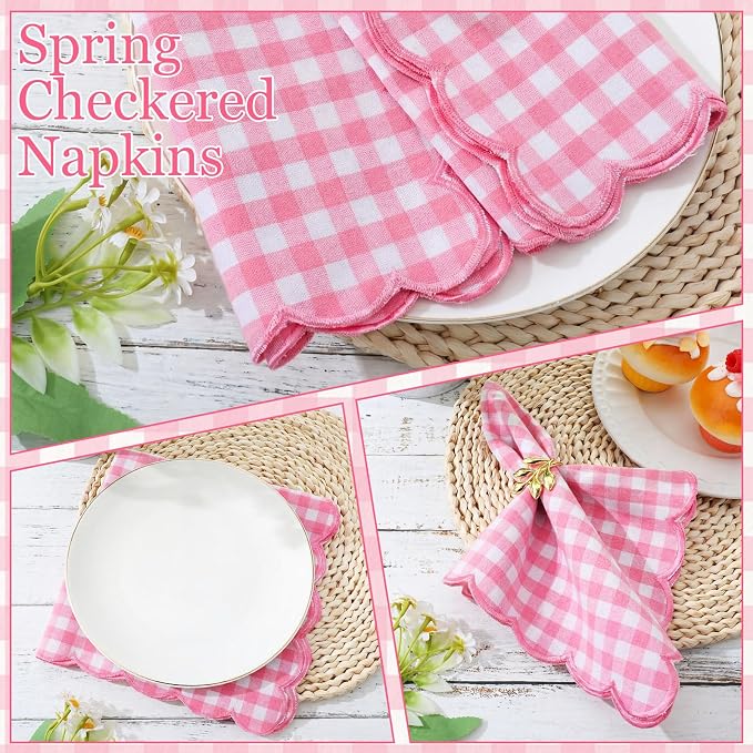 SmoothNovelty 12 Pack Buffalo Plaid Cloth Napkins 18x18 Inch Checkered Cloth Napkins Scalloped Soft Cotton Table Mat Washable Reusable for Dinner Wedding Holiday Birthday Parties (Classic,Pink) - Image 3