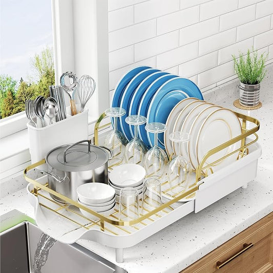 SNTD Expandable Dish Drying Rack for Kitchen Counter, 15.2-22.1 in, Gold | Rust-Resistant Stainless Steel, Protective Side Rails, Self-Draining Drainboard, Removable Utensil Holder by SNTD
