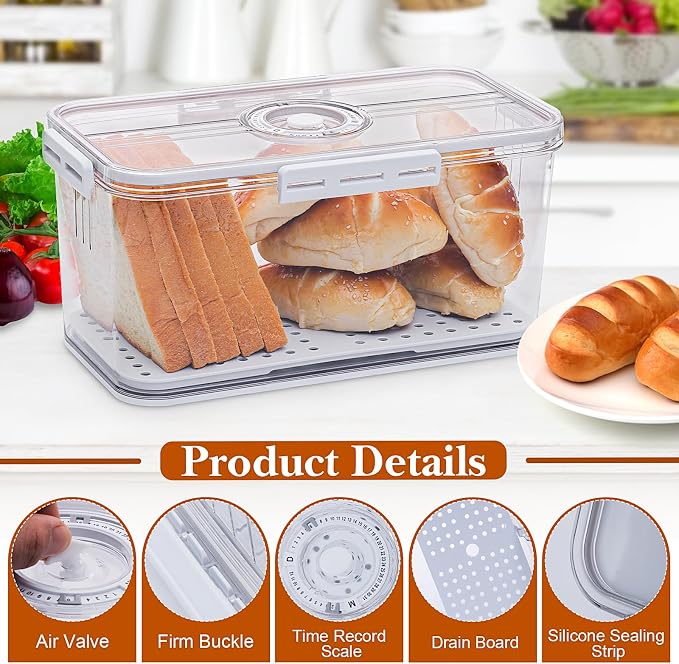 ANYPROLUS Bread Box for Homemade Bread Boxes for Kitchen Counter Airtight, Time Recording Bread Storage Container with Lid, Bread Containers Storage Airtight Loaf Bread Keeper, Large, White - Image 3