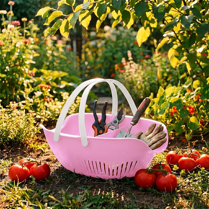 Nuogo 3 Pcs Garden Harvest Basket Removable Partitions with Tool Caddy for Collecting Carrying and Cleaning Harvesting Basket Doubles Colander for Vegetables and Fruits Garden Accessories (Pink) - Image 7