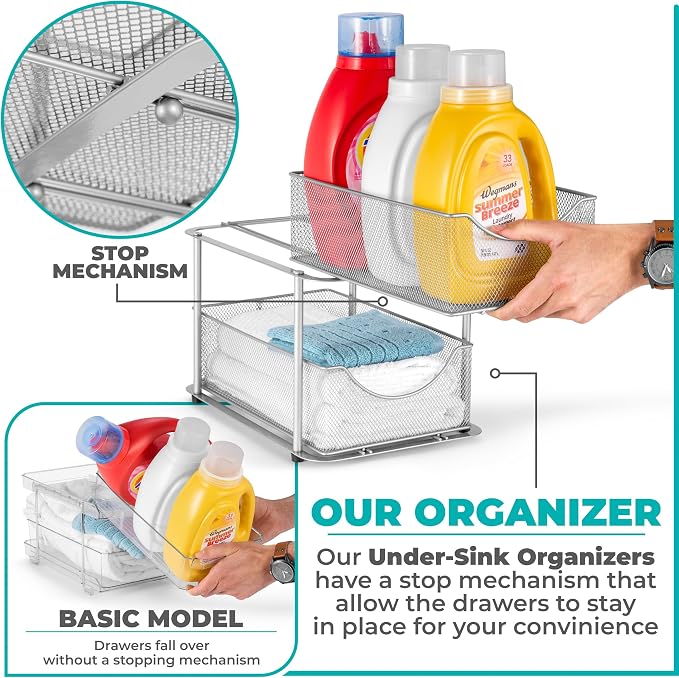 Sorbus 2 Tier Metal Under Sink Organizer for Bathroom, Kitchen, Strong Steel Mesh Sliding Drawers for Under Sink, Under Cabinet, Closet, Kitchen, Pantry, Bathroom Organizers and Storage (Silver) - Image 4