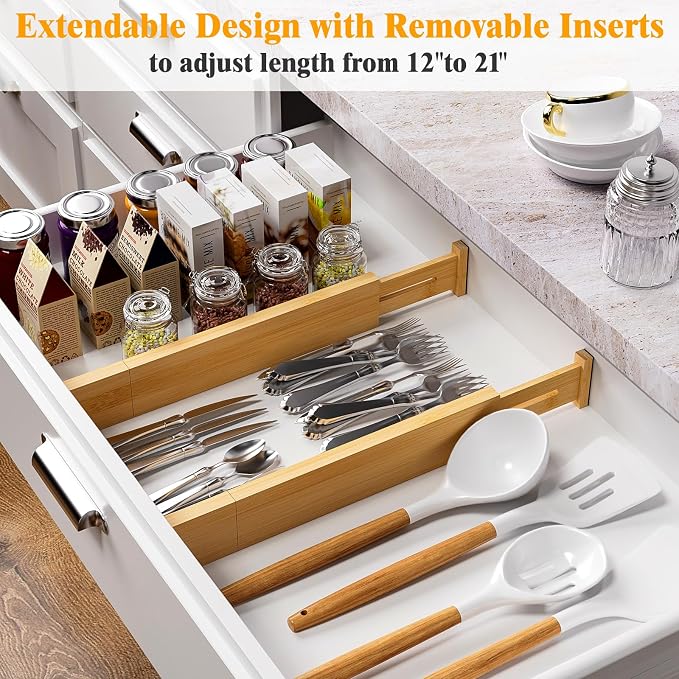 Bamboo Drawer Dividers, 12-21 Inch Kitchen Adjustable Drawer Organizers | Expandable Dresser Separators for Clothes, Ideal for Kitchen, Bathroom, Vanity, Office Organization and Storage, 4-Pack - Image 2