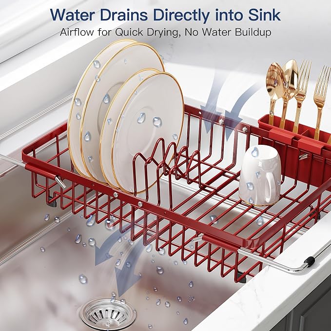 JASIWAY Red Dish Drying Rack Over the Sink with Utensil Holder | Expandable Stainless Steel Dish Driainers for Small Kitchen, Counter Space Saving, Fast Drain, Rust Resistant, For Apartment - Image 6