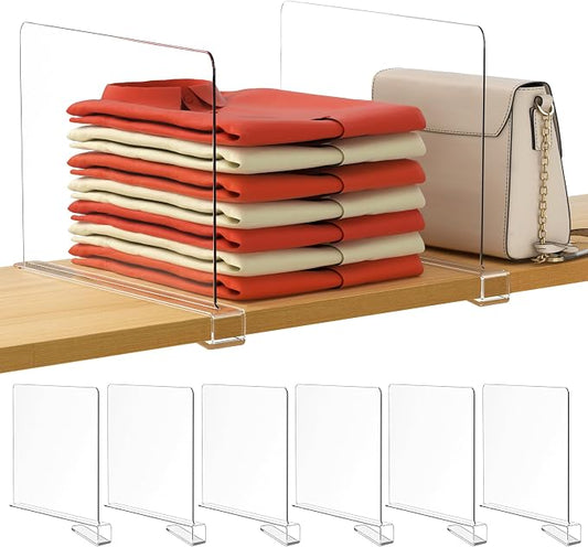 HBlife 12 Inches Tall [Extra Tall Version] Clear Shelf Dividers, 6 Pack Purse Organizer for Closet Perfect for Sweater, Shirts, Handbags, Acrylic Adjustable Bookshelf for Organization by HBlife