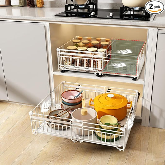 2 Pack Expandable Pull Out Cabinet Organizer, 16.5" Deep White | Pull Out Drawers for Cabinets with width from 13" to 20", Cabinet Drawers Slide Out with Upgrade 3 Slide Rails, Hold 65 lbs by NETELOfficial