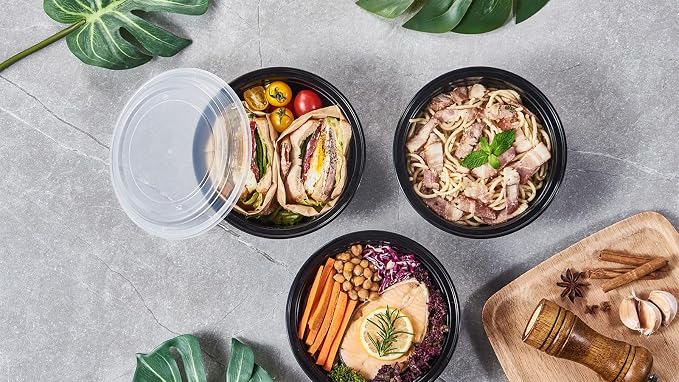 38 oz 50 ct Round Meal Prep Containers with Lids Plastic Food Storage To Go Lunch Plan Box Disposable Take Out Bowls Black BPA Free Reusable Durable Stackable Microwave Freezer Dishwasher Safe - Image 6