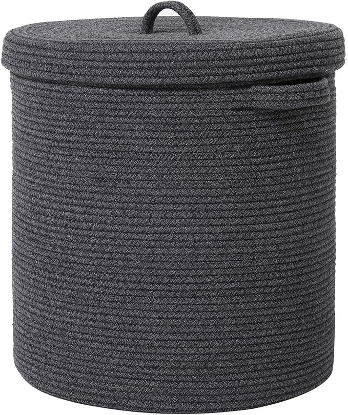 16x18 Inch Extra Large Round Cotton Rope Storage Basket with Lid, Decorative Woven Bin with Cover for Living Room Bedroom Closet, Grey & Black Mix by Cottonphant