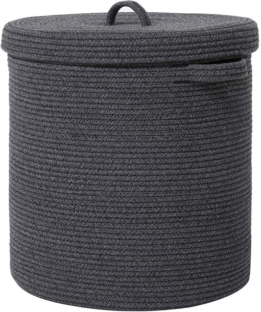 16x18 Inch Extra Large Round Cotton Rope Storage Basket with Lid, Decorative Woven Bin with Cover for Living Room Bedroom Closet, Grey & Black Mix by Cottonphant