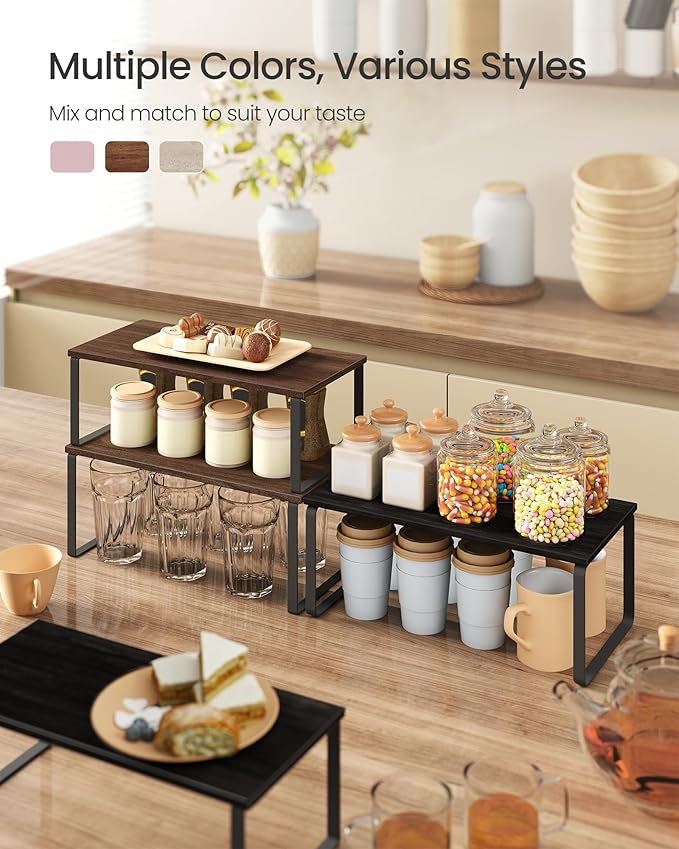 SONGMICS Cabinet Organizer Shelf, Set of 2 Kitchen Counter Shelves, Kitchen Storage, Spice Rack, Stackable, Expandable, Metal and Engineered Wood, 15.6 Inches, Walnut & Matte Black UKCS025K01 - Image 3