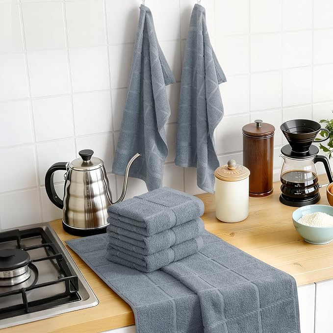 Homaxy 100% Cotton Kitchen Towels 18"x28", 4 Pack Dish Towels, Grey | Large 380 GSM Soft and Absorbent Kitchen Hand Towels with Terry Grid Design, Utility Tea Towel Set with Hanging Loop - Image 8