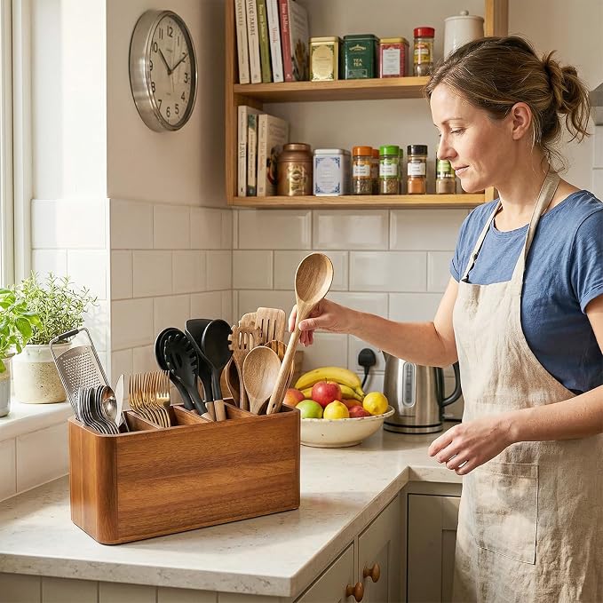 Kitchen Utensil Holder for Counter and Countertop, Acacia Utensil Organizer with 3 Pcs Wooden Spoon Set, Large Drying Holder for Kitchen, 4-Compartment Storage for Cooking Utensils, Kitchen Decor - Image 9