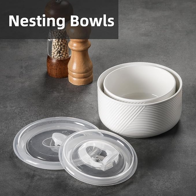 Ceramic Nesting Bowls with Lid, Microwave Safe, Set of 2, White | Food Storage Containers for Work Lunch Picnic Camping Meal Prep Soup Salad Cereal Leftovers - 5 & 6 Inch, 20 & 32 oz - Image 5