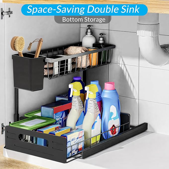 2 Pack Under Sink Organizer, Heavy Duty 2 Tier Slide-Out Storage, Space Saving Cabinet Organizer for Bathroom & Kitchen, Metal Shelf with Brush Holder, Black - Image 5
