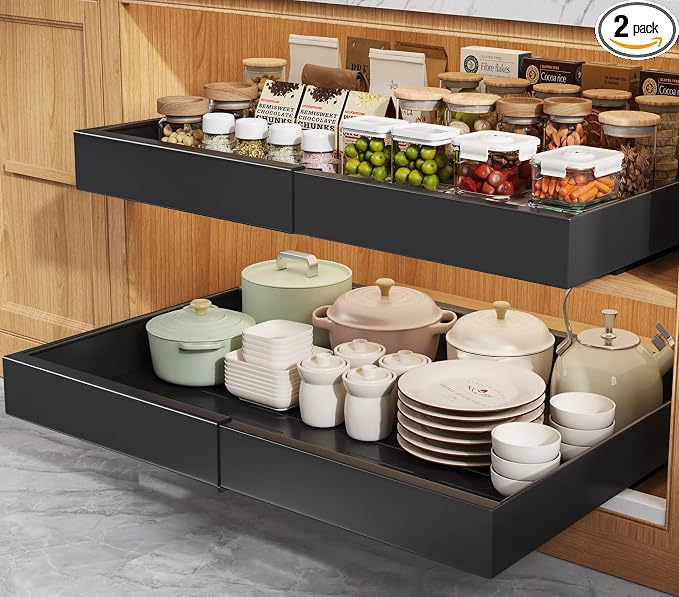 Seinloes 2 Pack Pull Out Cabinet Organizers 21" Deep With Raising Pad for Framed Cabinets, Expandable Width (15.2"-26.3") Slide Out Drawers Upgrade 3 Slide Rails, Roll Out Shelves Adhesive, Black by Seinloes