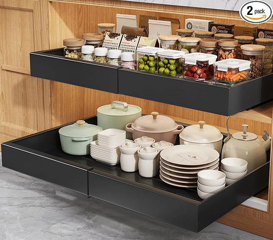 Seinloes 2 Pack Pull Out Cabinet Organizers 21" Deep With Raising Pad for Framed Cabinets, Expandable Width (15.2"-26.3") Slide Out Drawers Upgrade 3 Slide Rails, Roll Out Shelves Adhesive, Black by Seinloes