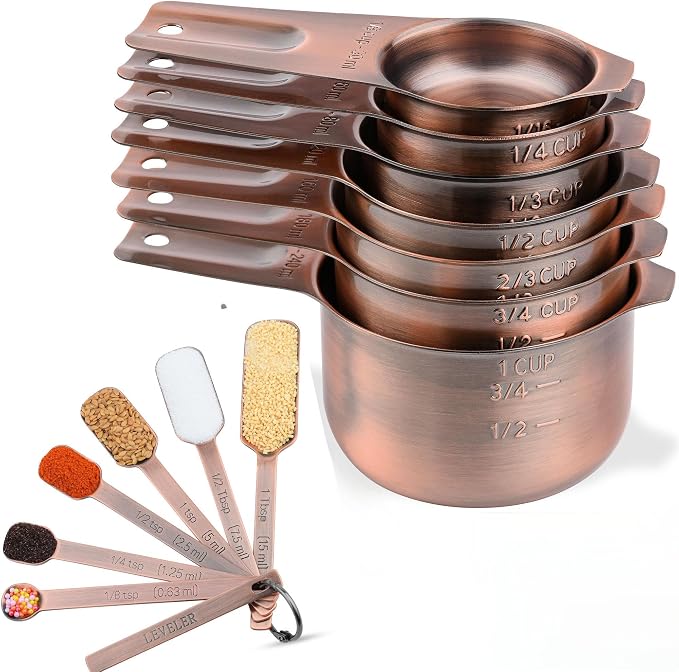 Copper Measuring Cups and Spoons Set 14, Stainless Steel Measuring Cups and Spoons set for Kitchen & Baking, 7 US & Metric Measure Cups & 6 Long Handle Spice Measuring spoons & 1 leveler by zoyizi