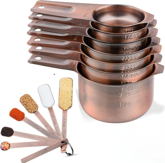 Copper Measuring Cups and Spoons Set 14, Stainless Steel Measuring Cups and Spoons set for Kitchen & Baking, 7 US & Metric Measure Cups & 6 Long Handle Spice Measuring spoons & 1 leveler by zoyizi