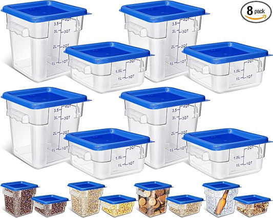 Yungyan 8 Pcs Restaurant Food Storage Containers with Lids Set 2Qt and 4Qt Commercial Restaurant Square Storage Containers Clear Food Cereal Container for Kitchen Freezer (Blue Lids) by Yungyan